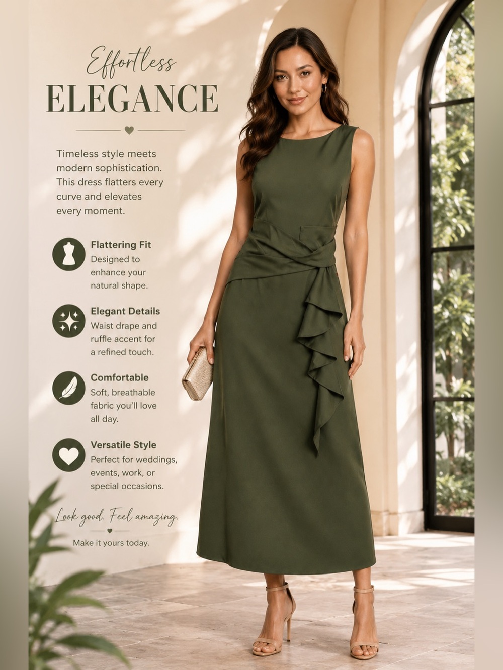 Olive Luxe Lace Up Midi Dress Elegant Wedding Guest,Cocktail Style NWT